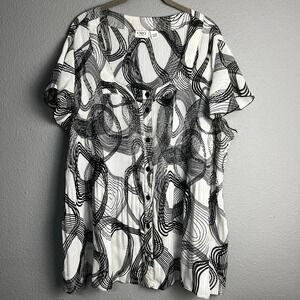 Cato Woman Blouse Top Button Up Front Abstract Print Pleated Black White‎ 22/24W